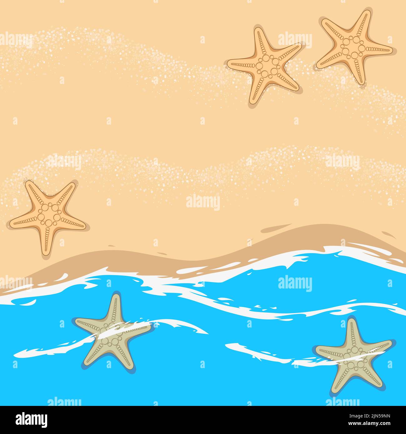 Abbildung mit Meer, Wellen, Strand und Seesternen. Meeresvektorhintergrund. Stock Vektor