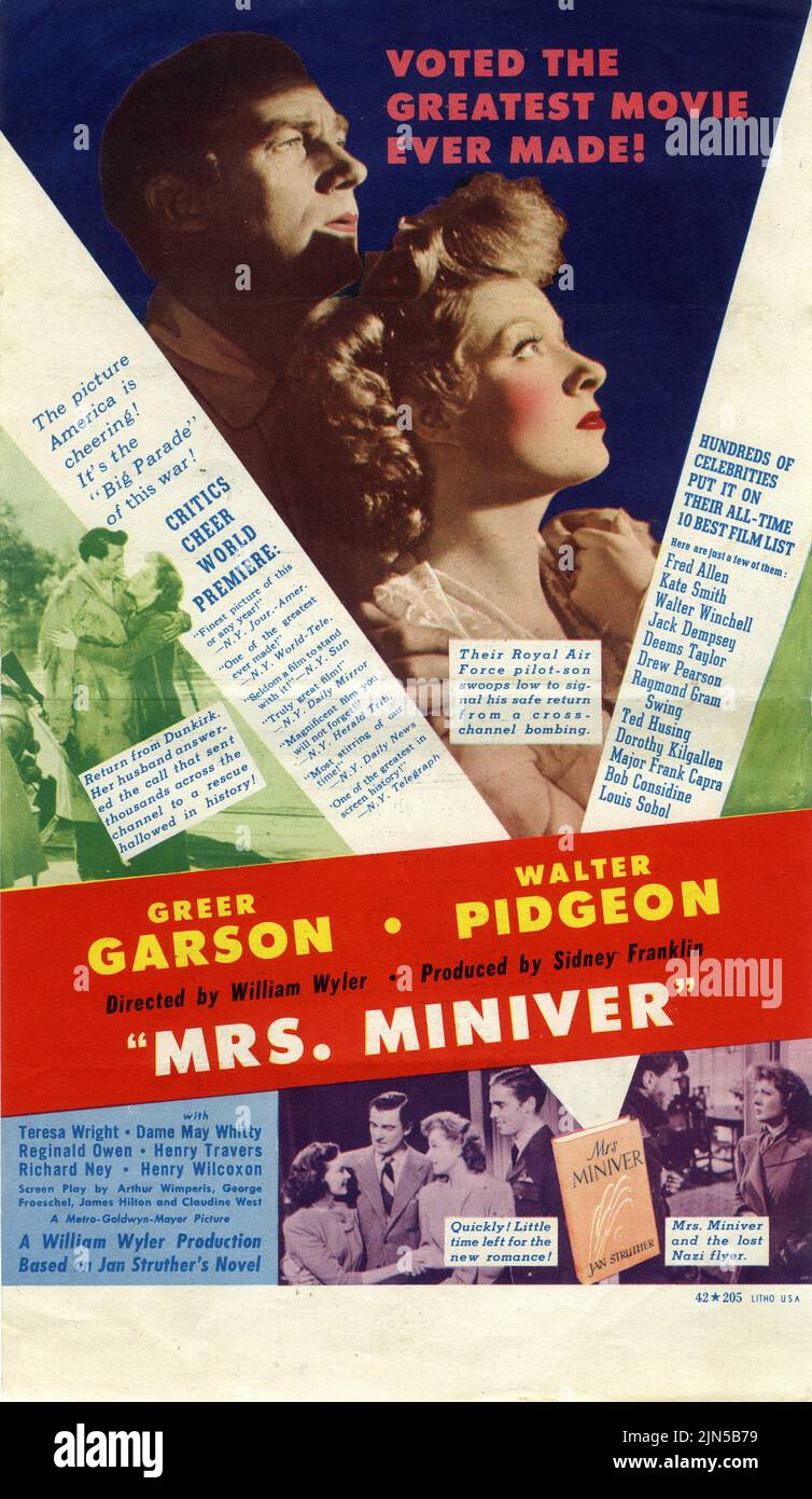 GREER GARSON WALTER PIDGEON TERESA WRIGHT RICHARD NEY UND HELMUT DANTINE IN MRS. MINIVER 1942 Regisseur WILLIAM WYLER nach dem Buch von Jan Struther Drehbuch Arthur Wimperis George Froeschel James Hilton und Claudine West Musik Herbert Stothart Produzent Sidney Franklin Metro Goldwyn Mayer Stockfoto