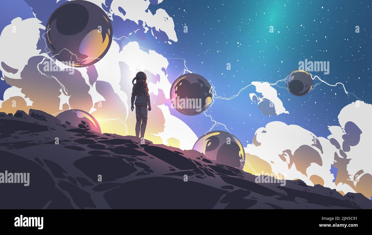 spaceman Blick auf die riesigen Kugeln schweben in der Luft, digitale Kunst Stil, Illustration Malerei Stockfoto