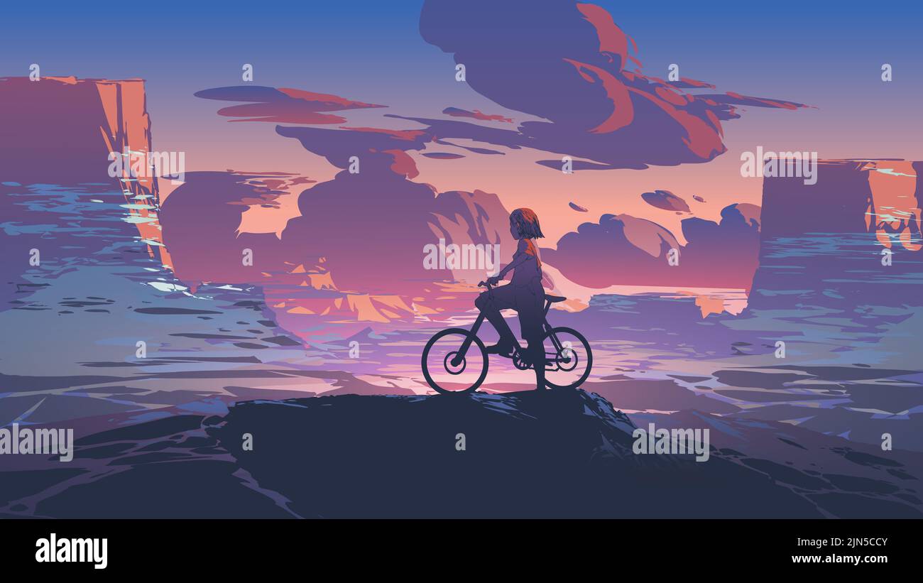 Kind auf dem Fahrrad auf einem Berg mit Blick auf die Abendlandschaft, digitale Kunst Stil, Illustration Malerei Stockfoto