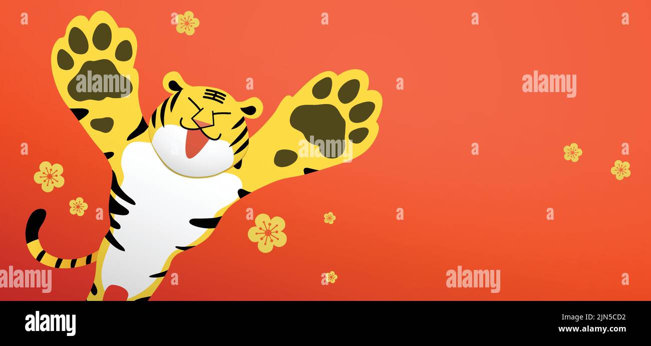 Wir wünschen ein glückliches chinesisches Neujahrsvektor-Banner, ein Mondneujahr oder ein Jahr des Tigers 2022. Niedlicher Tierkreistiger mit offenem Mund auf rotem Hintergrund. Stock Vektor