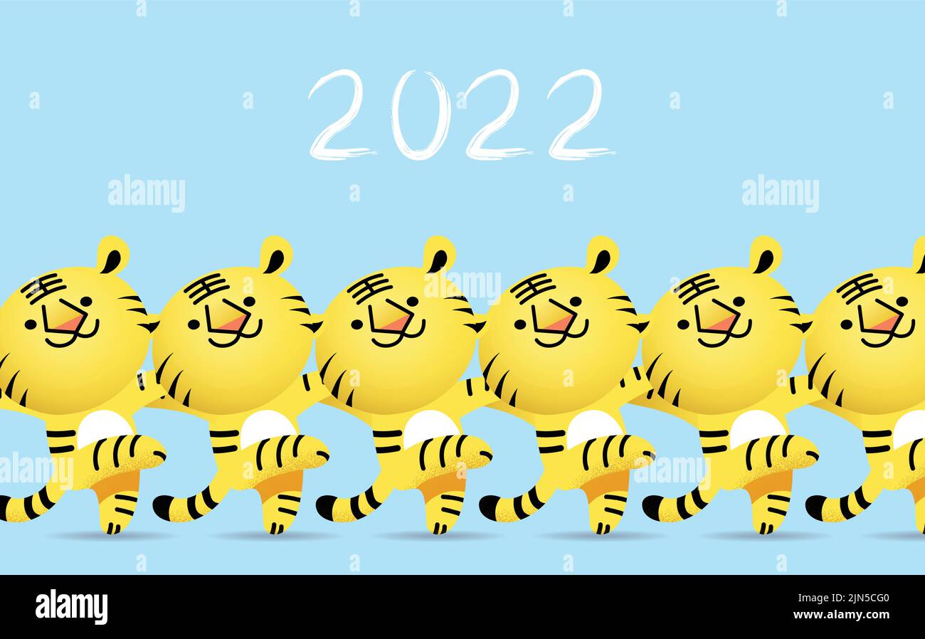 Frohes chinesisches neues Jahr des Mondneujahres Grußkarte oder horizontales Banner. Jahr des Tigers 2022. Niedliche Tierkreistiger tanzen zusammen. Stock Vektor