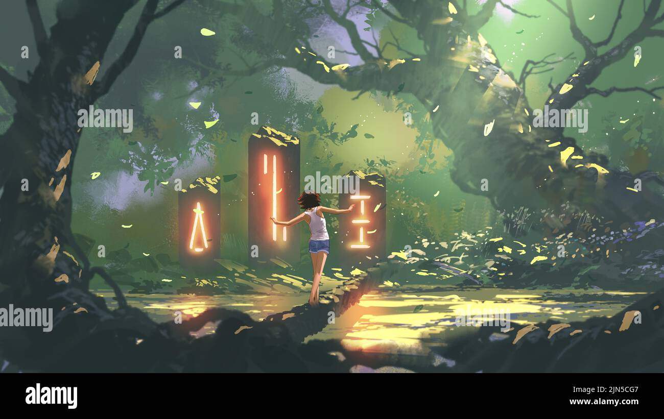 Frau geht auf einem Ast auf einem Bach und schaut auf die Monolithen im Wald, digitale Kunst Stil, Illustration Malerei Stockfoto