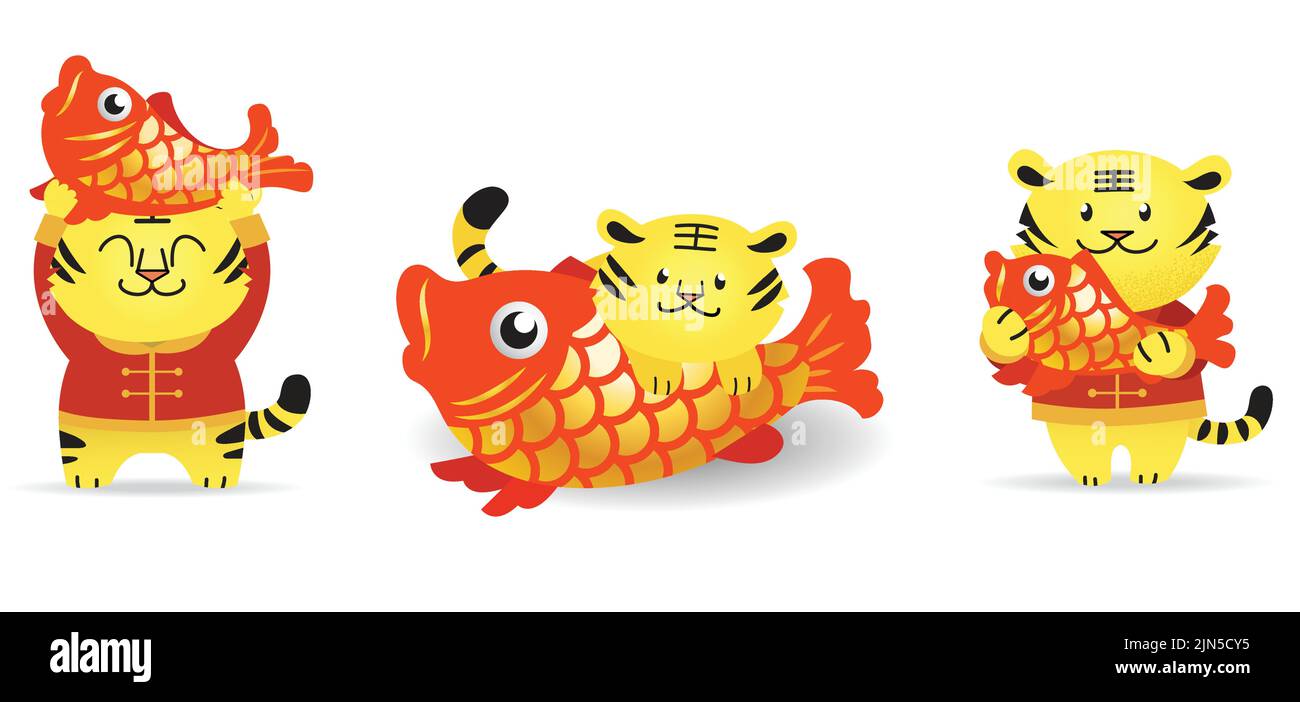 Set von drei niedlichen Tierkreiszeichen Tiger Vektor Karpfenfische als Zeichen von Überschuss und Fülle tragen. Feier des chinesischen Neujahrs oder des Mondneujahres. Stock Vektor