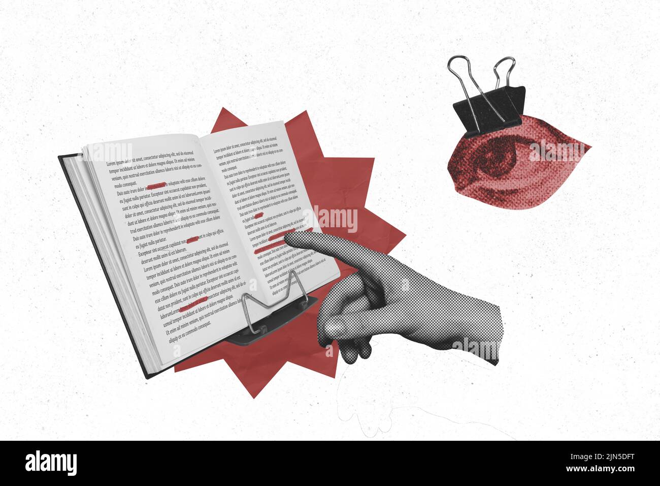 Creative 3D Foto-Grafik Grafik Malerei des Auges Finger zeigen Buch hebt isolierte Zeichnung Hintergrund Stockfoto