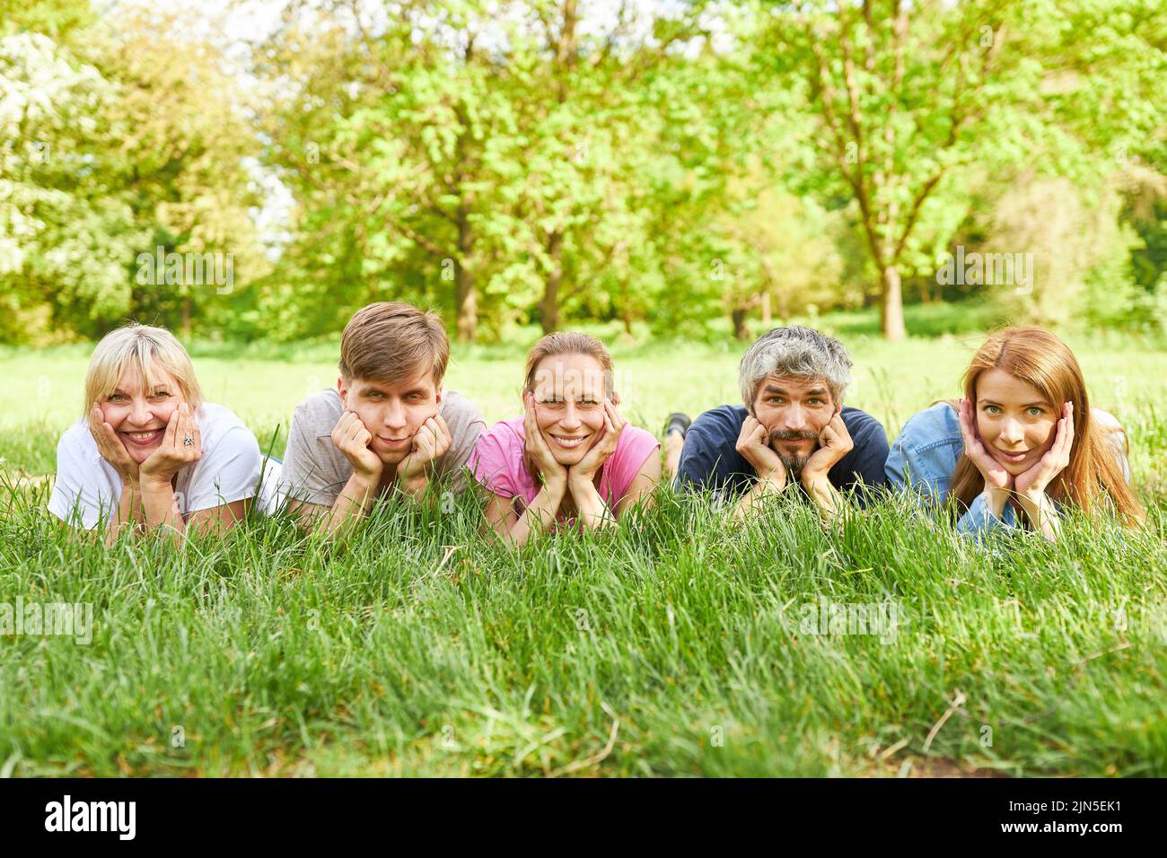 Fünf Freunde liegen nebeneinander auf dem Gras und ruhen sich auf einem Sommerausflug aus Stockfoto