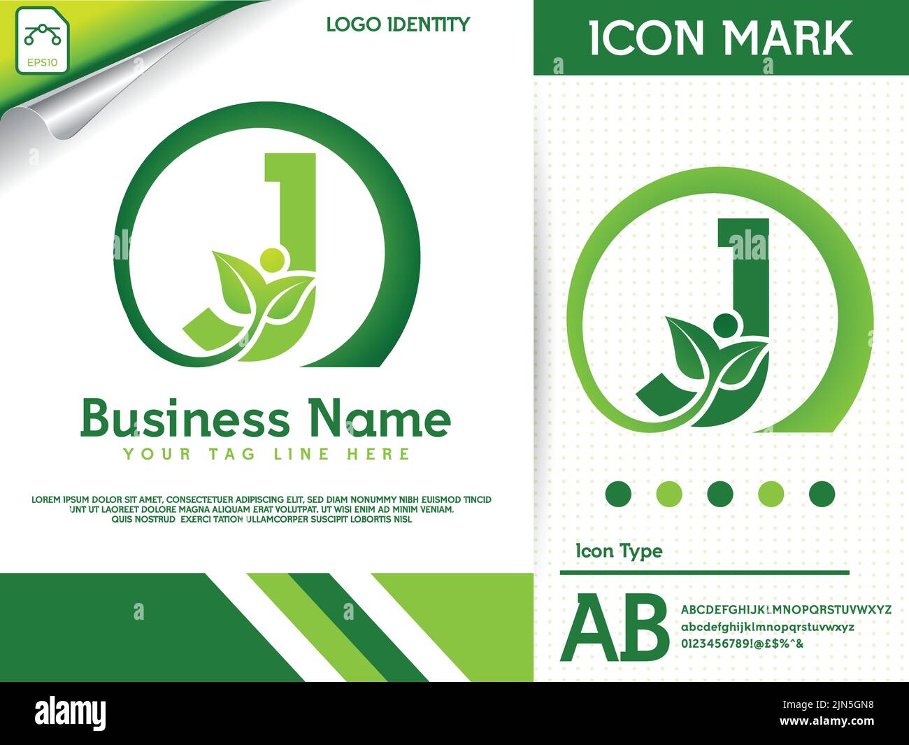 Natürlicher Buchstabe j mit blattfarbener Logovorlage Stock Vektor
