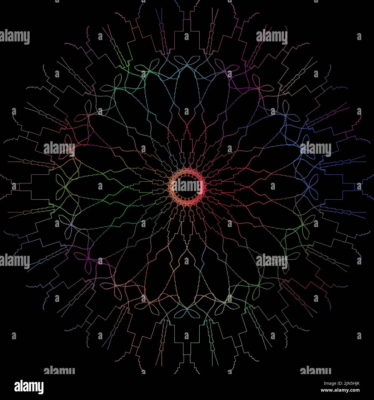 Eine aufwendig mehrfarbige Illustration eines Mandalas, isoliert auf schwarzem Hintergrund Stockfoto