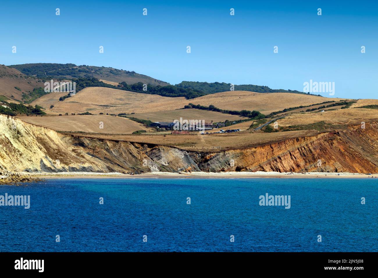 Sedimentgestein, Betten, Wealden-Betten, Lower Greensand, Compton, Bay, Isle of Wight, England, Großbritannien, Großbritannien, Großbritannien, Geologie, geologisch, fossil, Dinosaurier, Stockfoto