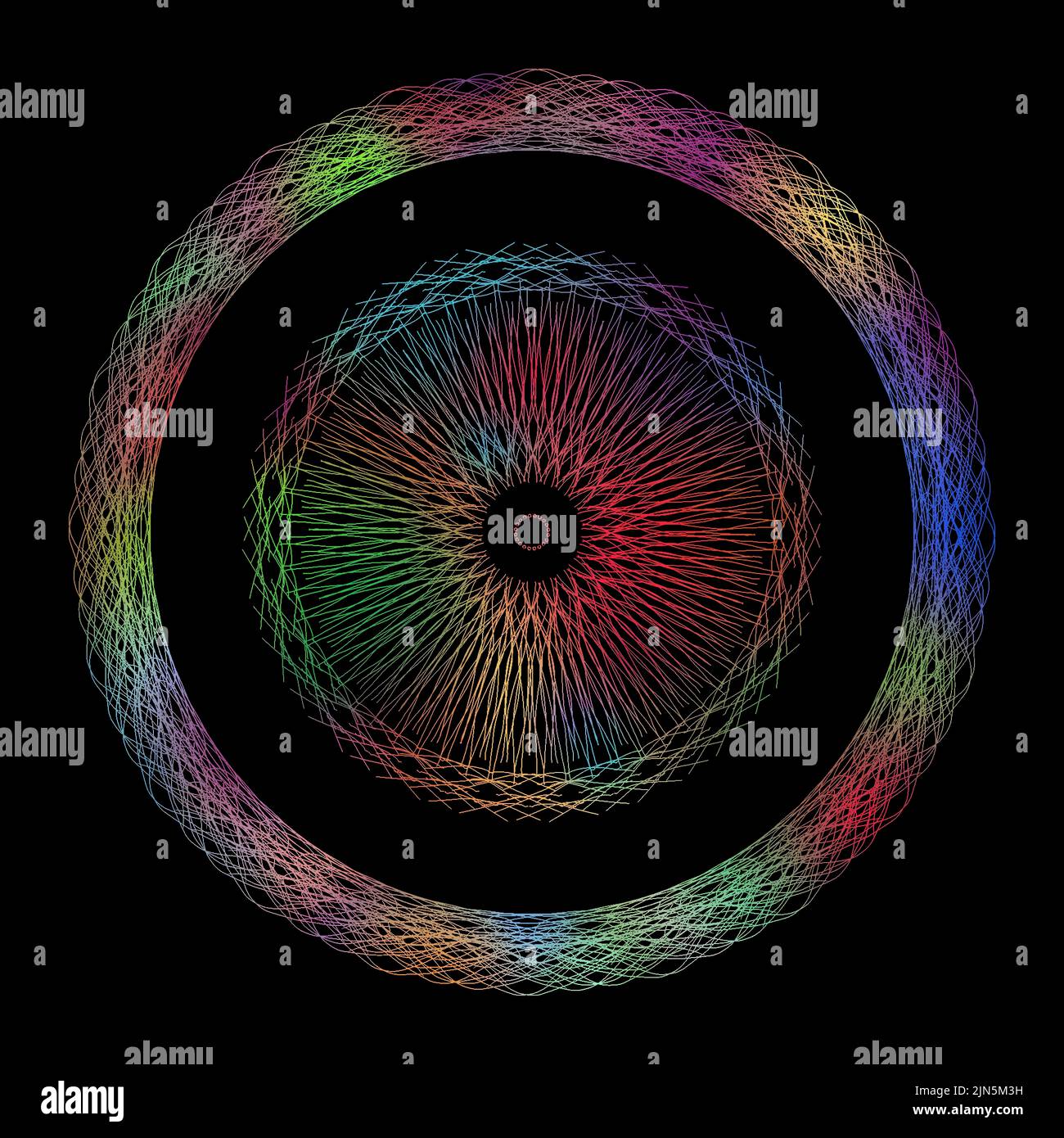 Eine schöne Illustration eines aufwendig bunten Neon-Mandalas, isoliert auf schwarzem Hintergrund Stockfoto