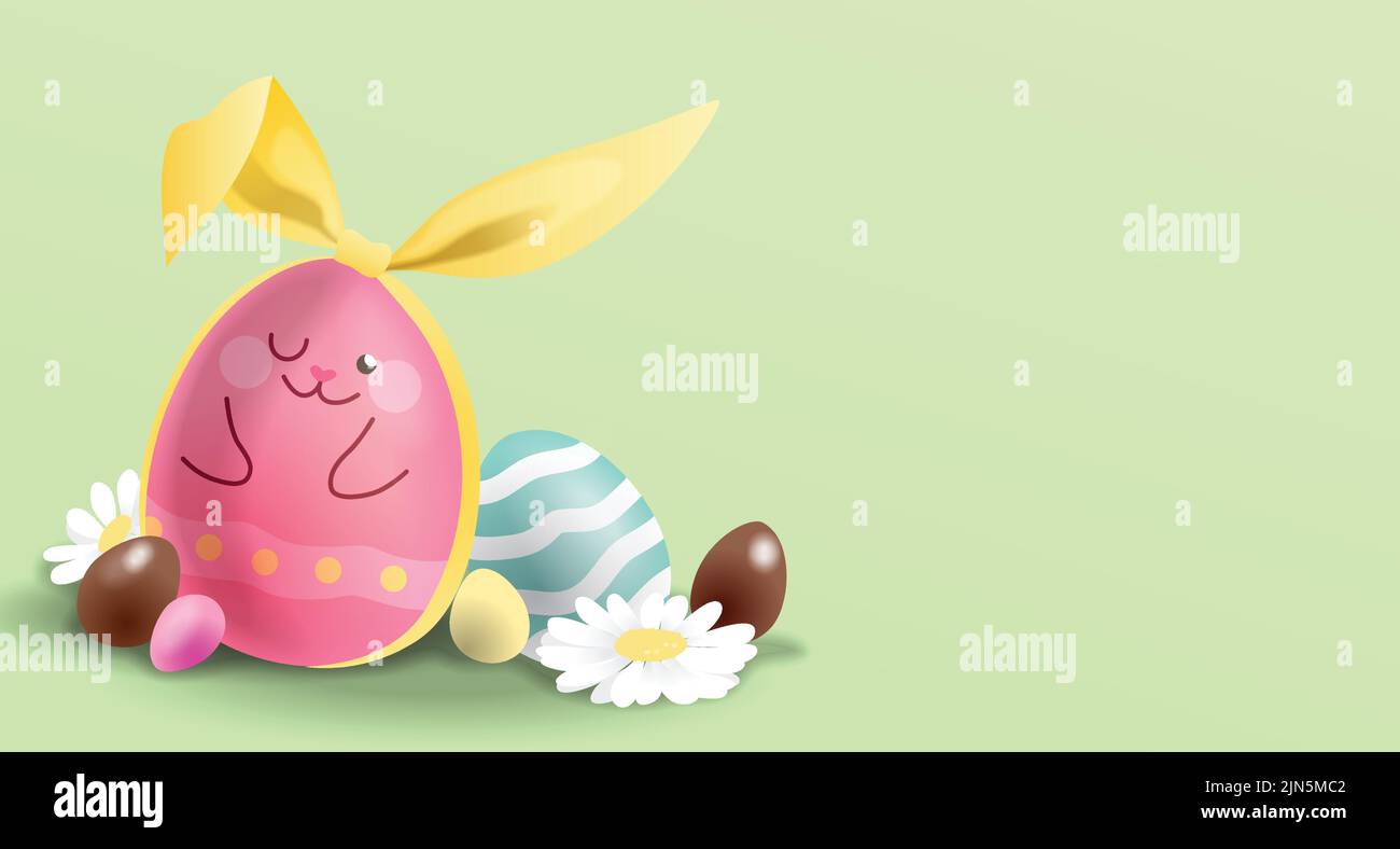 Frohe Ostern Tag Grüße Hintergrund Illustration. Bunte Schokoladeneier mit Band und Ei als osterhase dekoriert. Stock Vektor