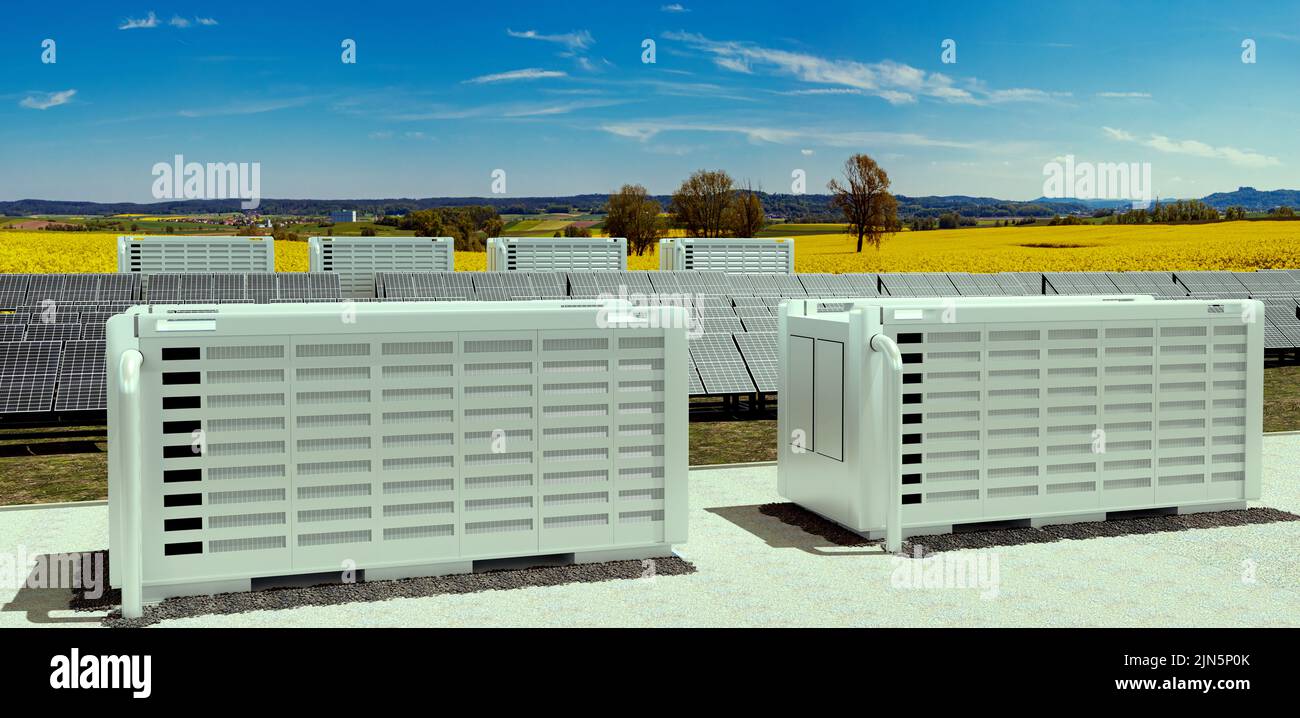 Ein modernes Solarfeld mit Batteriespeicher in der wilden Natur, Abbildung 3D Stockfoto