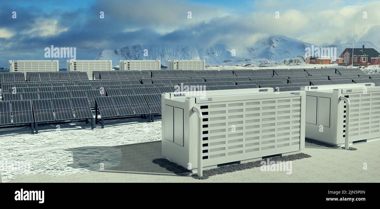Ein modernes Solarfeld mit Batteriespeicher in der wilden Natur, Abbildung 3D Stockfoto
