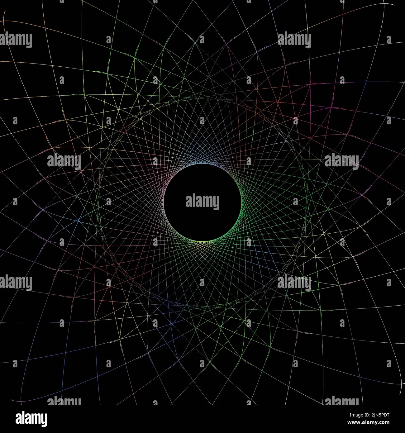 Eine aufwendig mehrfarbige Illustration eines neonfarbenen geometrischen Ornaments, isoliert auf schwarzem Hintergrund Stockfoto