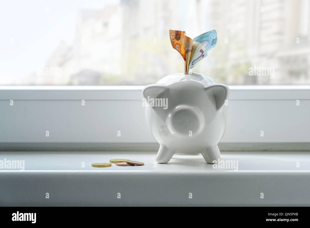 Sparschwein mit Euro-Banknoten und -Münzen auf Fensterbank, Konzept für Sparsamkeit während der Inflation, Kopierraum, ausgewählter Fokus, enge Schärfentiefe Stockfoto