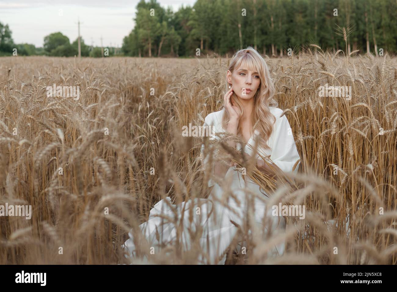 Eine blonde Frau in einem langen weißen Kleid geht in einem Weizenfeld. Das Konzept einer Hochzeit und Spaziergang in der Natur. Stockfoto