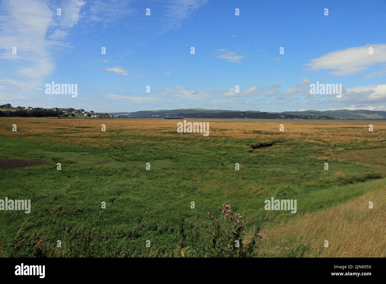 Arnside und der Fluss Kent von der alten Eisenbahnlinie und dem Salzmarsch in der Nähe der Carr Bank Cumbria England aus gesehen Stockfoto