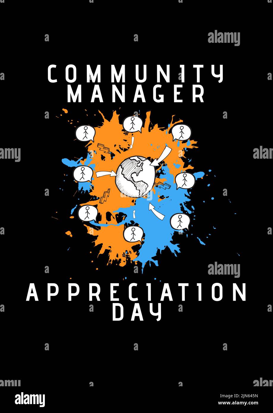 Zusammensetzung des Textes des Community Manager Appreciation Day mit Symbolen auf schwarzem Hintergrund Stockfoto