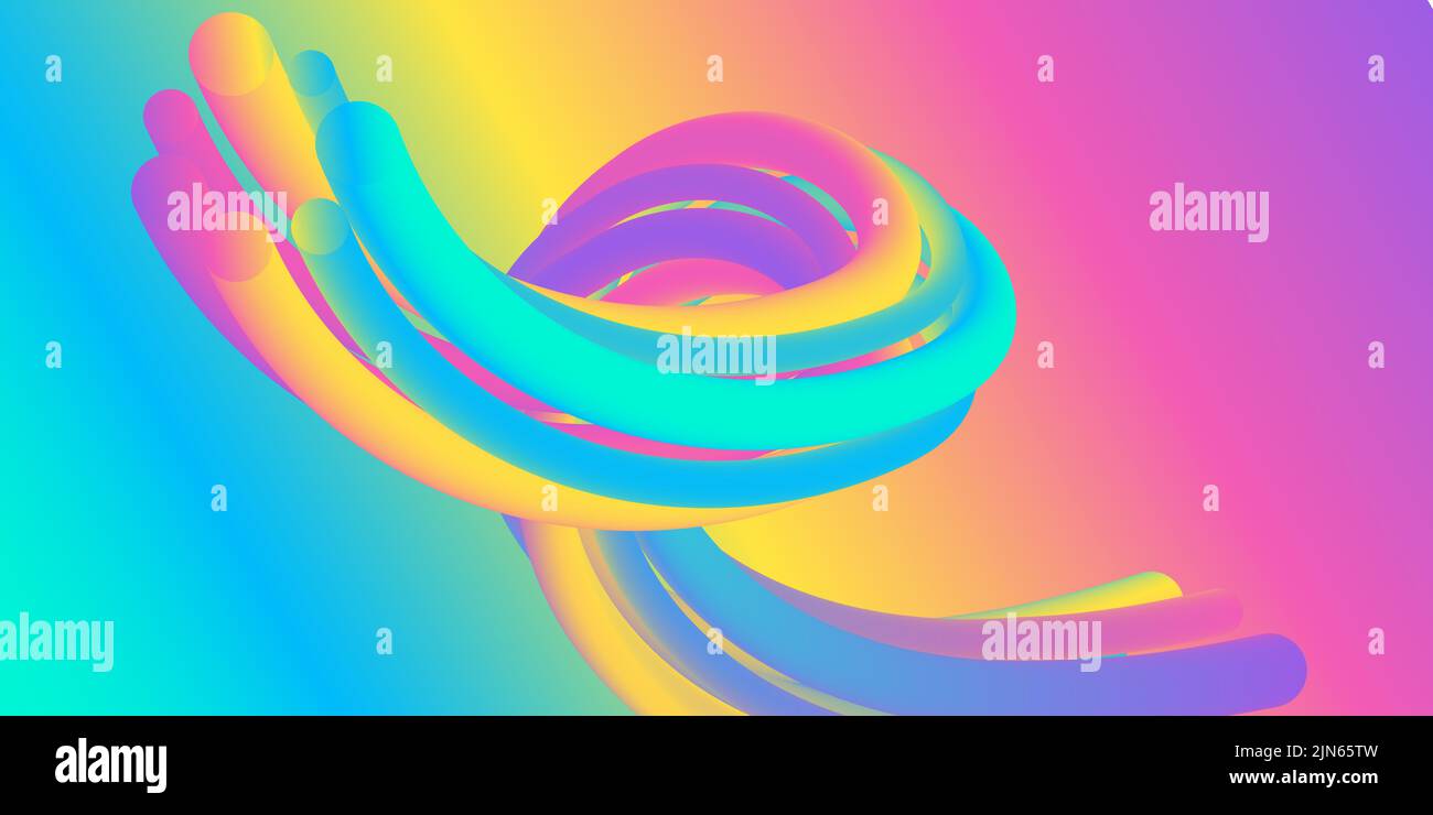 Helle, farbenfrohe, flüssige Formen. Trendy horizontal 3D Poster. Abstrakter Hintergrund mit lebhaftem Verlauf für Flyer, Banner, Cover, Geschäftspräsentation Stockfoto