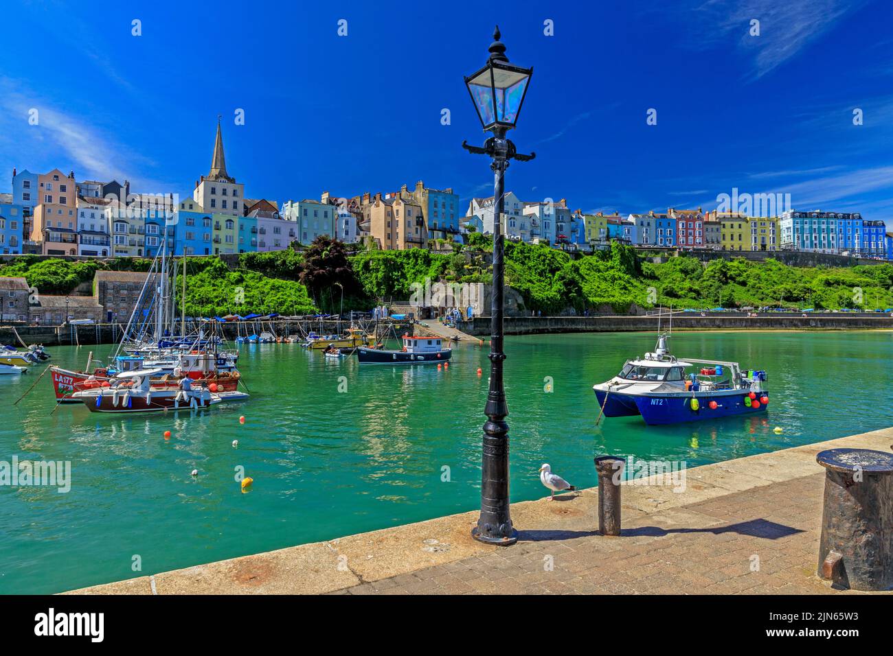 Der malerische geschützte Hafen wird von Reihen farbenfroher Häuser in Tenby, Pembrokeshire, Wales, Großbritannien, überblickt Stockfoto