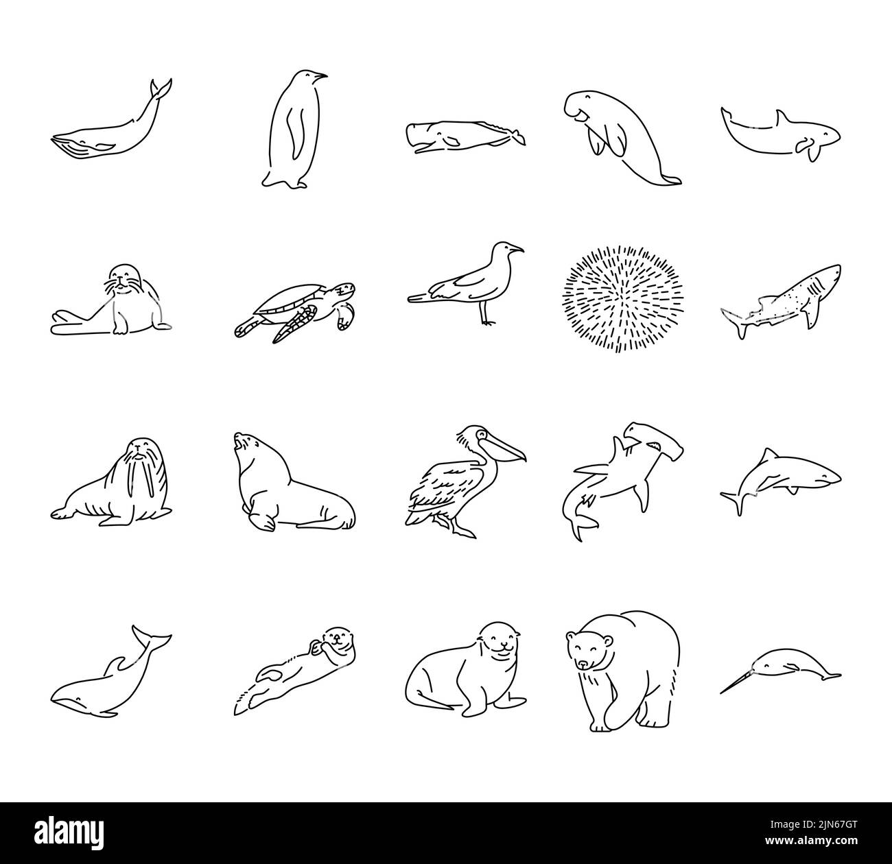 Symbole für die Linie der Meerestiere sind gesetzt. Isoliertes Vektorelement. Skizzieren Sie Piktogramme für Webseite, mobile App, Werbung. Bearbeitbare Kontur. Stock Vektor