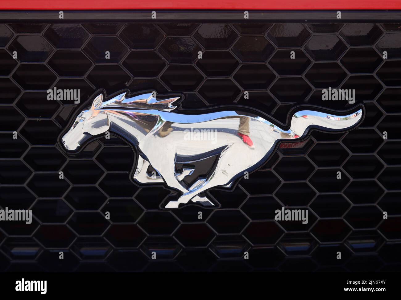 Krakau. Krakau. Polen. Ford Mustang Galoppierendes Pferd Logo auf dem Frontgrill des Autos. Stockfoto