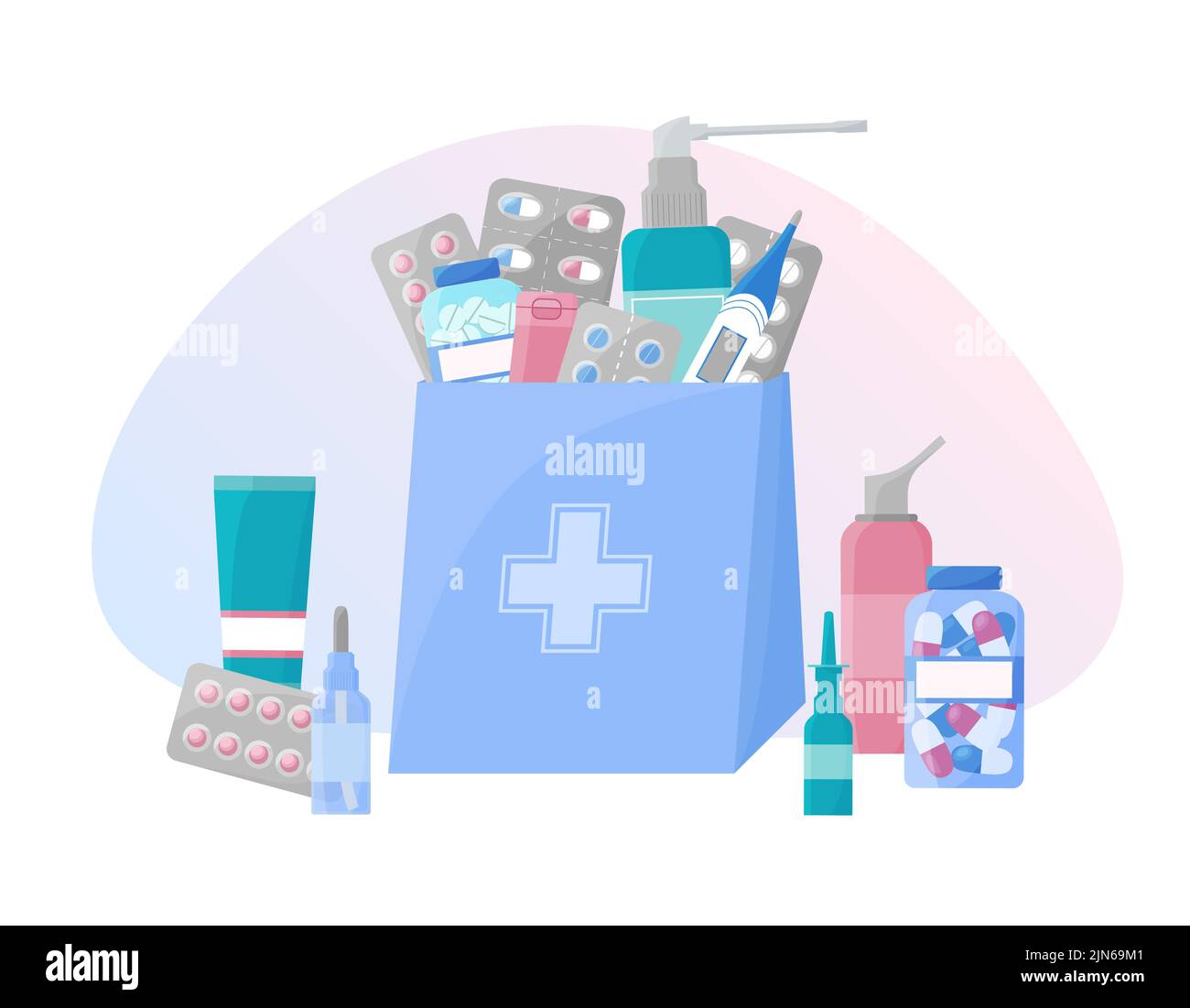 Apothekentasche mit Medikamenten. Zusammensetzung der Gesundheitspflegepharmazie Produkte isoliert. Medikamente stapeln sich im Einkaufspaket. Flache Vektorgrafik. Se Stock Vektor