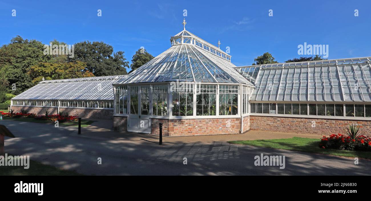 Gewächshäuser in Walton Hall/Village, Higher Walton, Warrington, Cheshire, England, Großbritannien, WA4 6SN Stockfoto