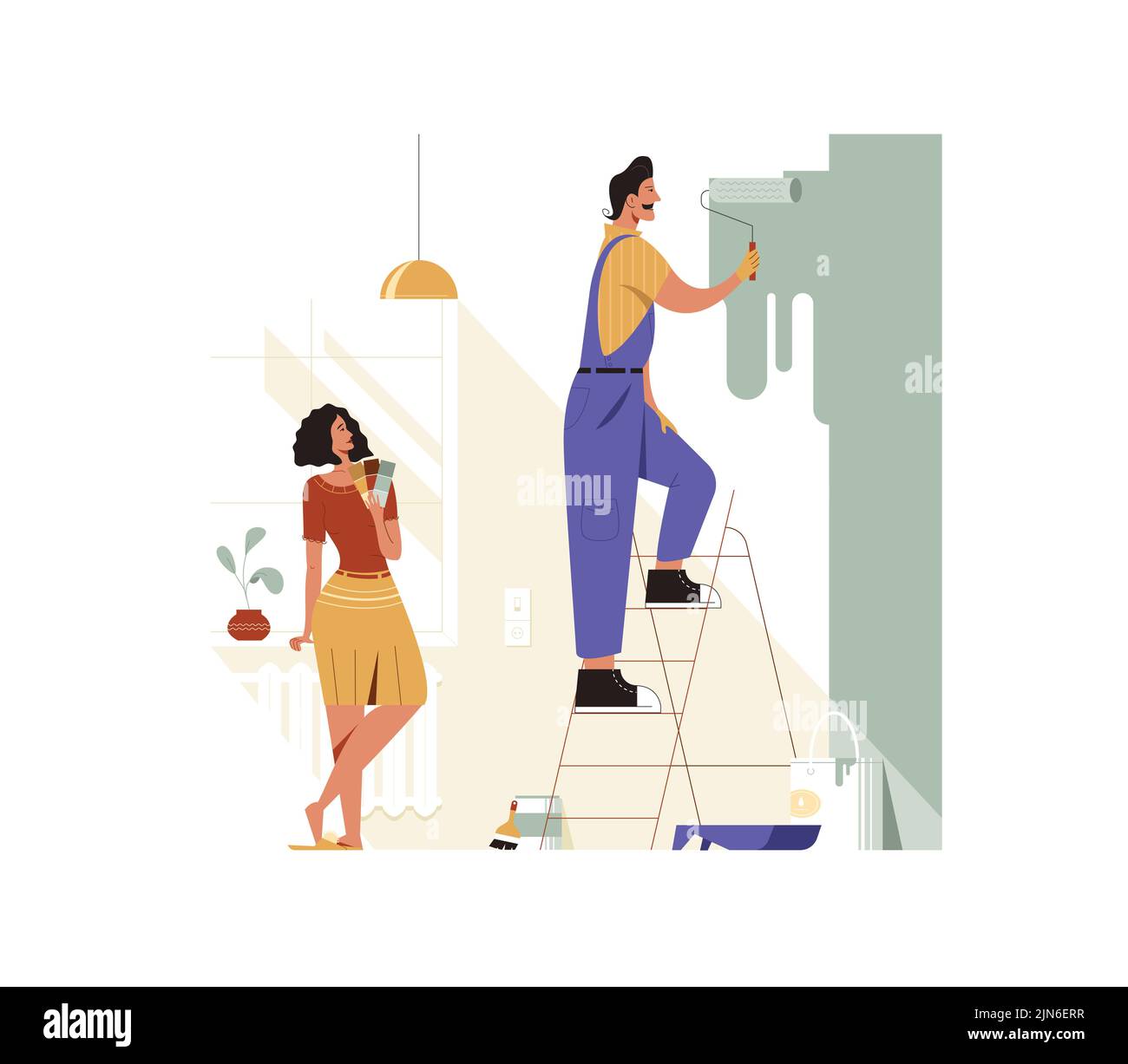 Decorator Dienstleistungen flache Vektor-Illustration. Maler Mann Malerei weiße Wand mit Rolle. Frau wählt eine Farbe. Stock Vektor