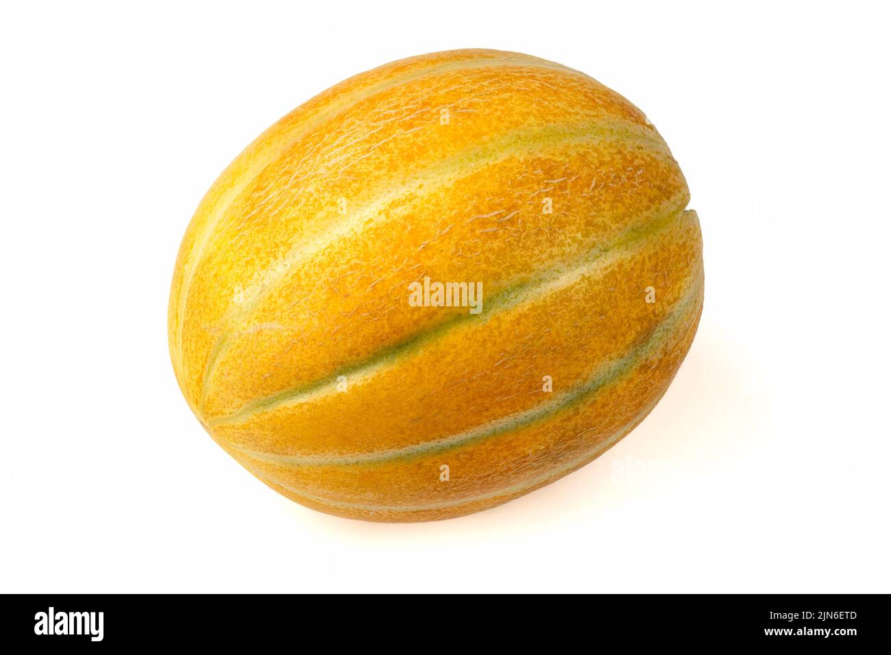 Ganze reife gelbe Melone isoliert auf weißem Hintergrund. Nahaufnahme. Stockfoto