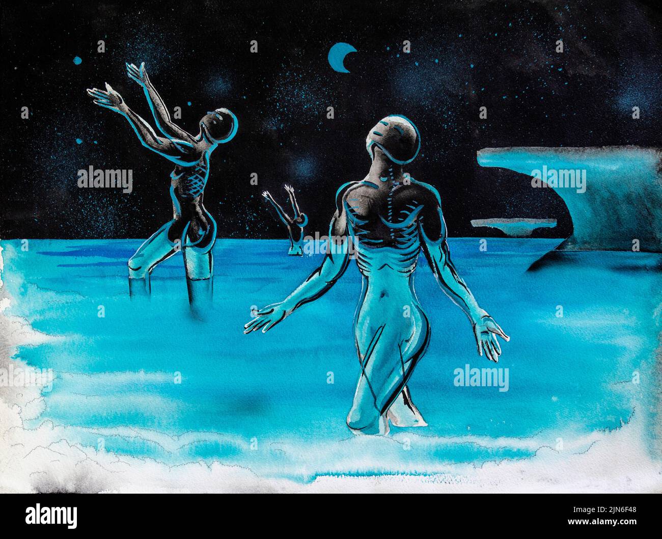 Außerirdische, surreale Landschaft, die einige durchscheinende Individuen in leuchtendem Küstenambiente zeigt Stockfoto