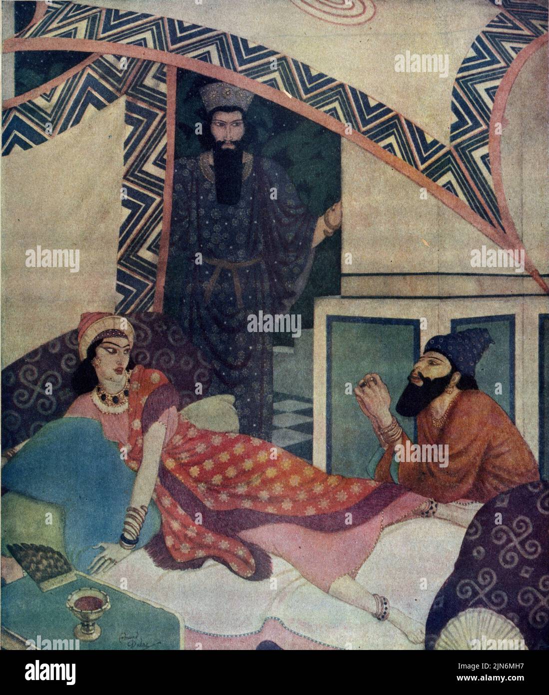 „Queen Ester and Haman“, veröffentlicht am 21,1924. Dezember im American Weekly Sunday Magazine, gemalt von Edmund Dulac aus Bible Scenes and Heroes Series. Stockfoto