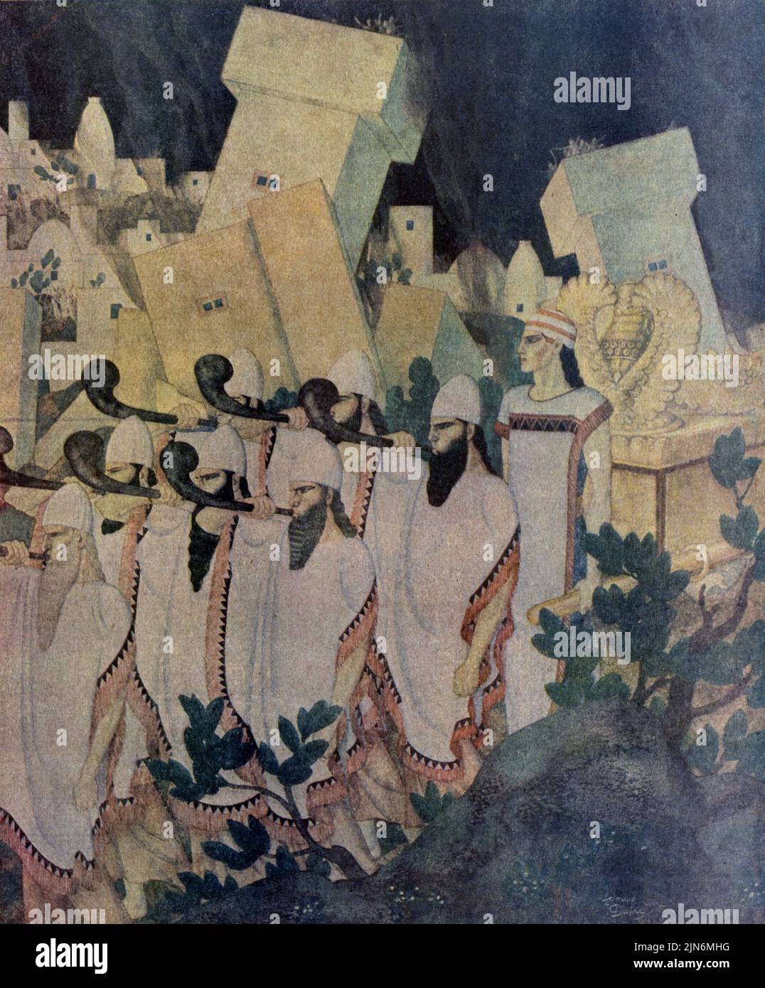 „The Walls of Jerico Fall under the Blast of Joshua’s Horn“, veröffentlicht im Oktober 26,1924 in der Zeitschrift American Weekly, gemalt von Edmund Dulac. Stockfoto