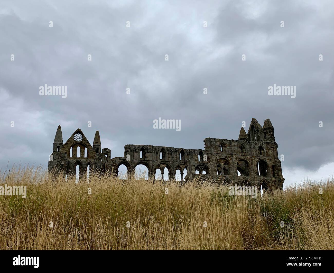 Low Angle Aufnahme von Whitby Abbey an einem bewölkten Tag Stockfoto