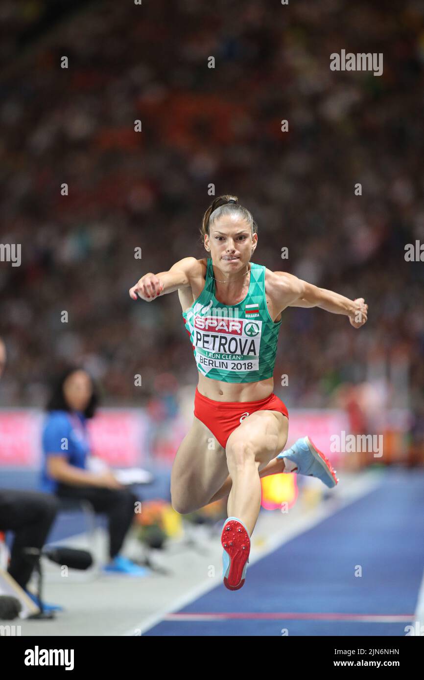 Gabriela Petrova nimmt am Triple Jump bei den Leichtathletik-Europameisterschaften in Berlin 2018 Teil. Stockfoto