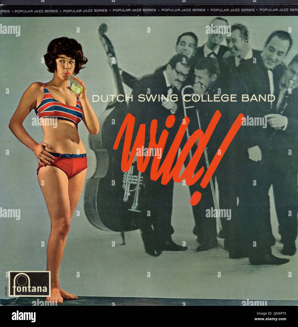 Vinyl-Album des Labels Fontana, mit der niederländischen Swing College Band, mit dem Titel Wild. Auf dem Cover ist ein schwarz-weißes Foto der Band zu sehen, mit einem Farbfoto einer Frau in einem Bikini, die aus einer Flasche Orangina trinkt. 1960s. Teil einer Reihe von Jazz-Alben, alle mit ähnlichen Ärmeln. Stockfoto
