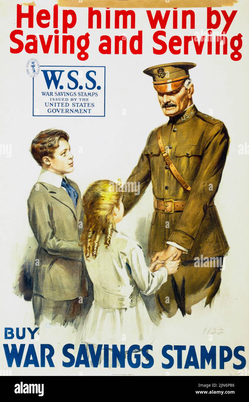Hilf ihm, durch Sparen und Dienen zu gewinnen, und kaufe Kriegssparstempel (1918) Poster zur amerikanischen Zeit des Ersten Weltkriegs Stockfoto