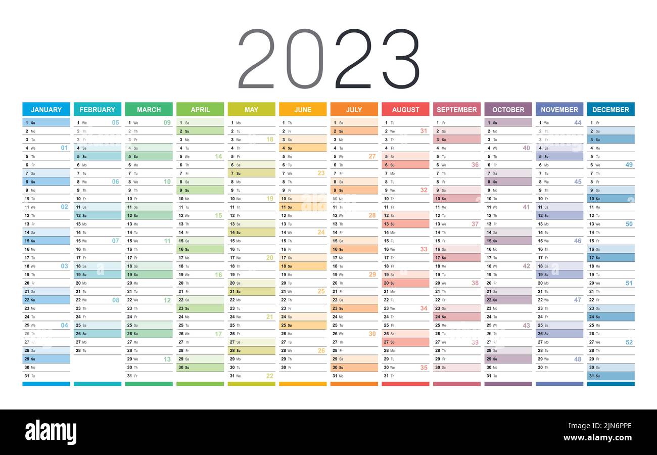 Jahr 2023 farbenfroher Wandkalender, mit Wochenzahlen, auf weißem Hintergrund. Vektorvorlage. Stock Vektor
