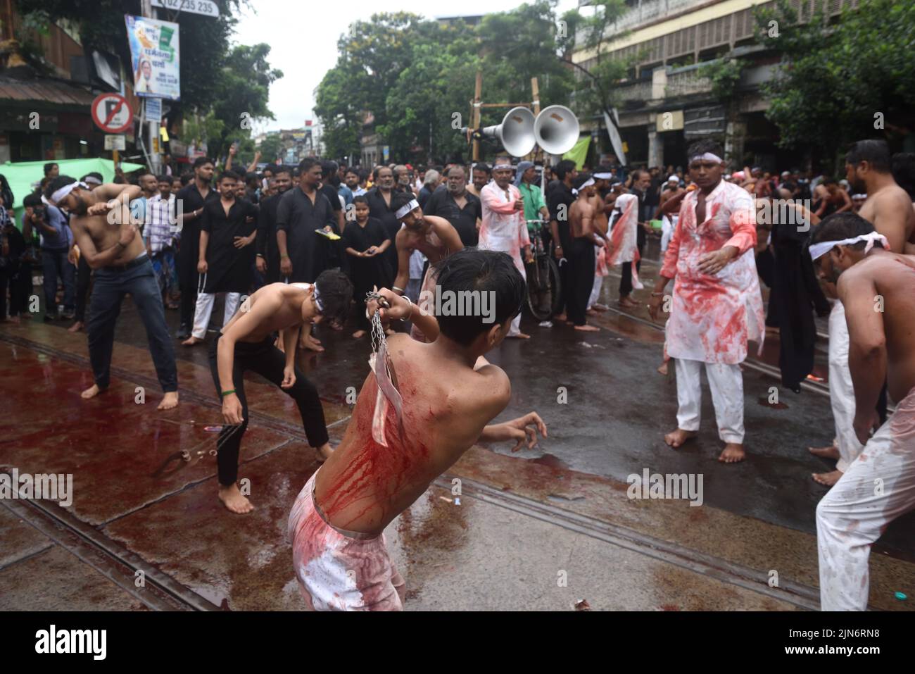 Kalkutta, Westbengalen, Indien. 9. August 2022. 09. August 2022, Kalkutta, Indien: Muslime nehmen am zehnten Tag der Moharram-Trauerpraktiken Teil.Dieses Ritual wird als "Matam" oder Zanjeer Zani Matam bezeichnet. Matam ist eine Selbstgeißelung, bei der schiitische Muslime auf Rücken, Brust und Kopf Wunden zufügen, als Zeichen der Trauer um den Enkel des Heiligen Propheten Imam Hussain, der in der Schlacht von Karbala zusammen mit seiner Familie unter brutalen Umständen gemartert wurde. Am 9. August 2022 in Kalkutta, Indien. Kredit: ZUMA Press, Inc./Alamy Live Nachrichten Stockfoto