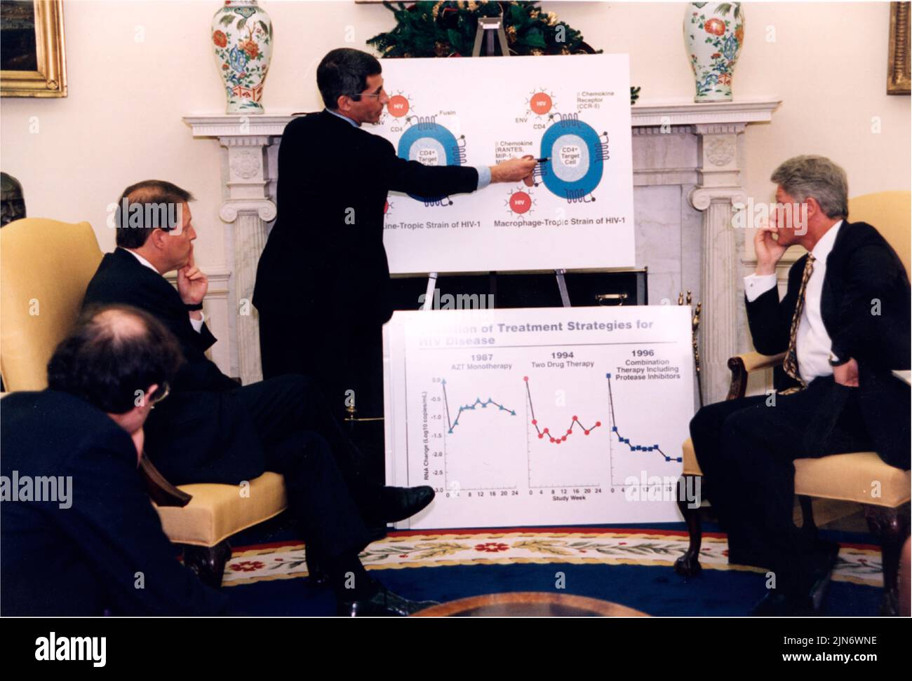 Anthony Fauci präsentiert im Weißen Haus 1996 über AIDS Dr. Anthony Fauci präsentiert Präsident Clinton und Vizepräsident Gore im Weißen Haus 1996 über HIV/AIDS. Kredit: NIAID Stockfoto