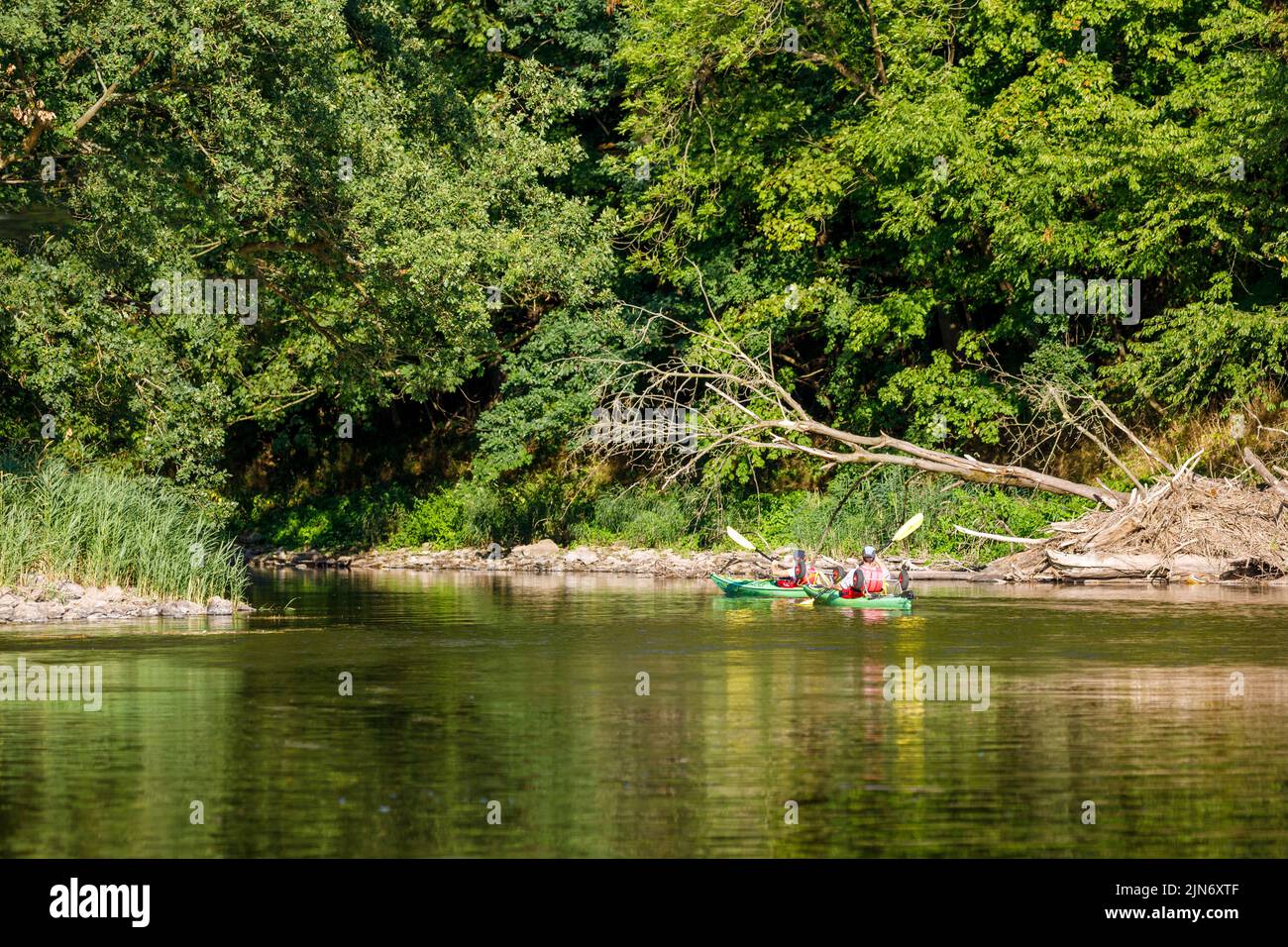 Kanu- und Kajakfahren auf einem Fluss Stockfoto