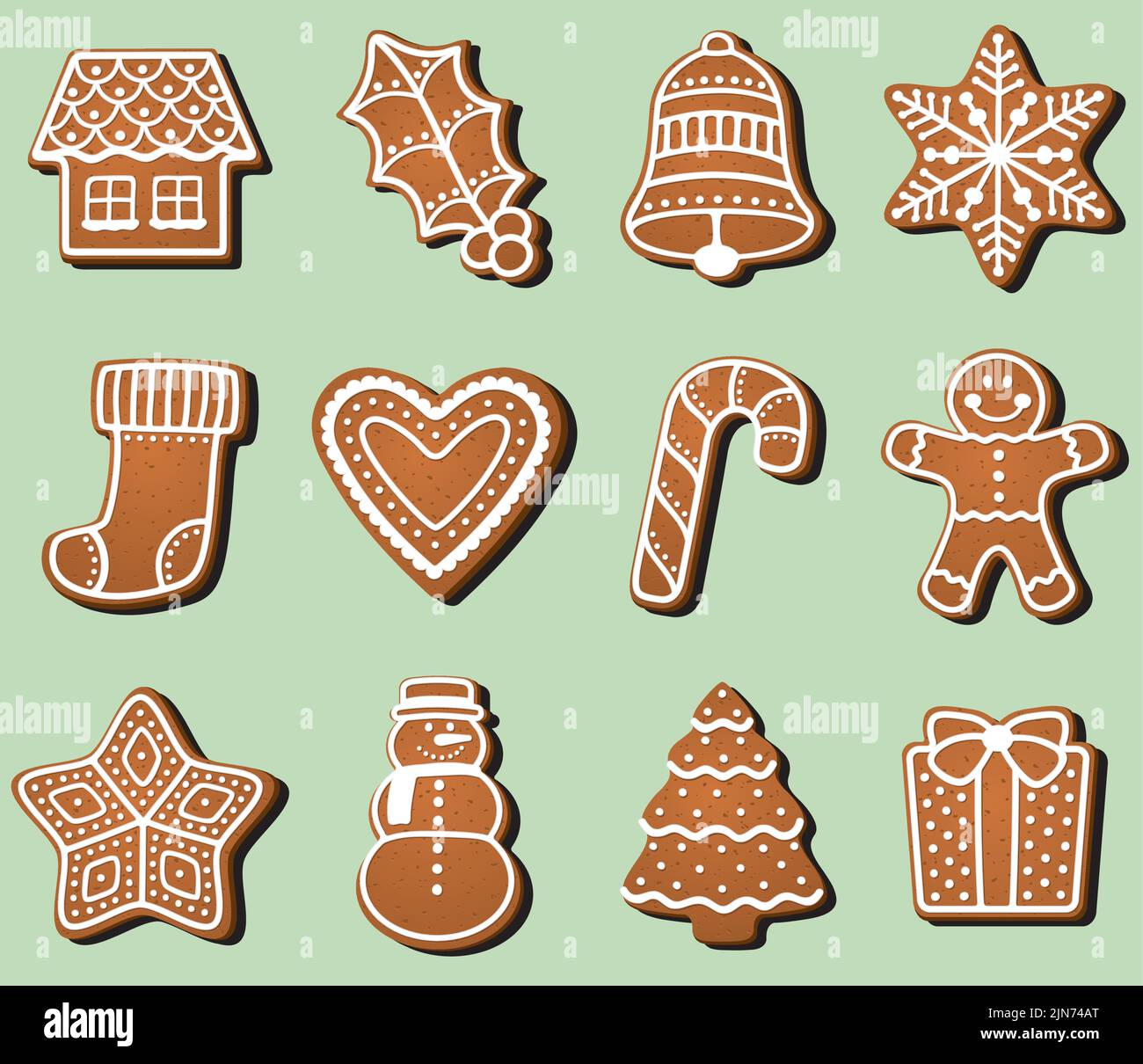Eine Vektordarstellung einer Gruppe von weihnachtlichen, mattierten Lebkuchen in verschiedenen Weihnachts-Ikonen-Formen. Stock Vektor
