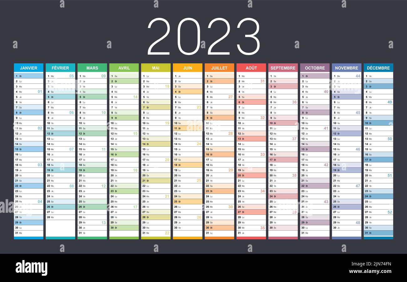 Jahr 2023 farbenfroher Wandkalender in französischer Sprache, mit Wochenzahlen, auf dunklem Hintergrund. Vektorvorlage. Stock Vektor