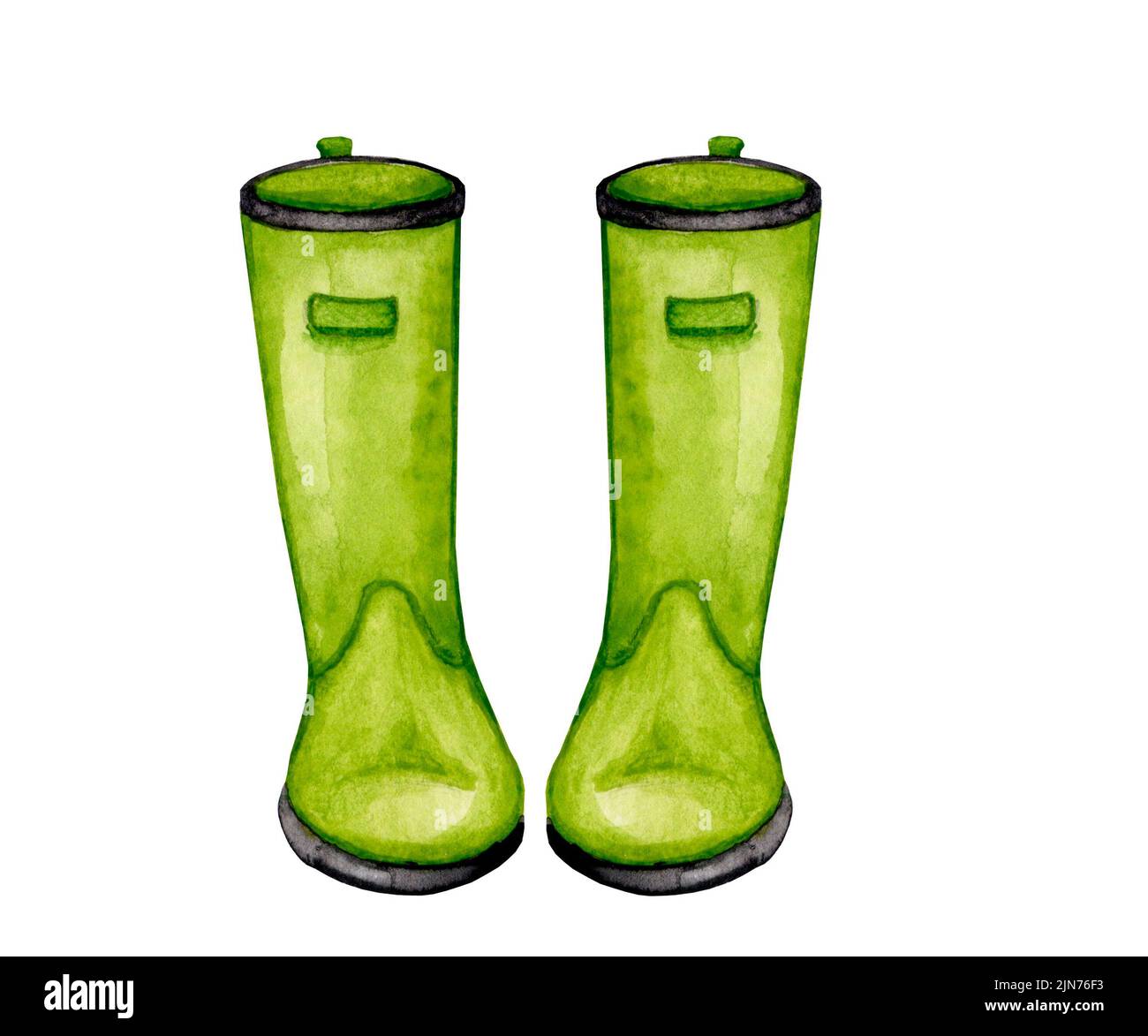 Grüne Gummistiefel. Aquarell-Element zum Thema Gartenbau, Frühjahrssämlinge, Gemüseanbau. Stockfoto