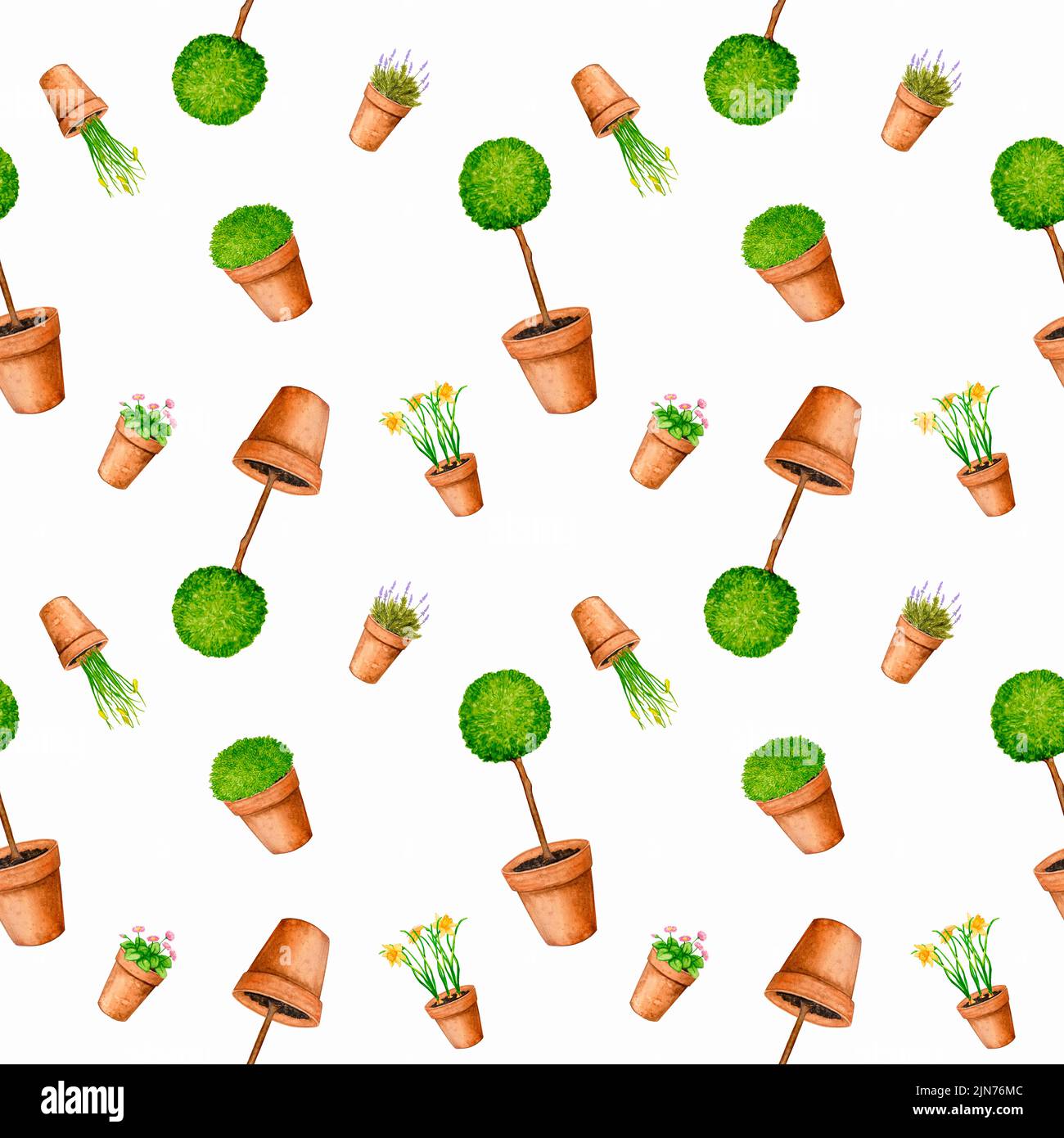 Nahtloses Muster mit farbenfrohen Illustrationen von Topfpflanzen und Blumen. Wiederholter Hintergrund für Verpackung, Textil, Tapeten, Papeterie, e Stockfoto
