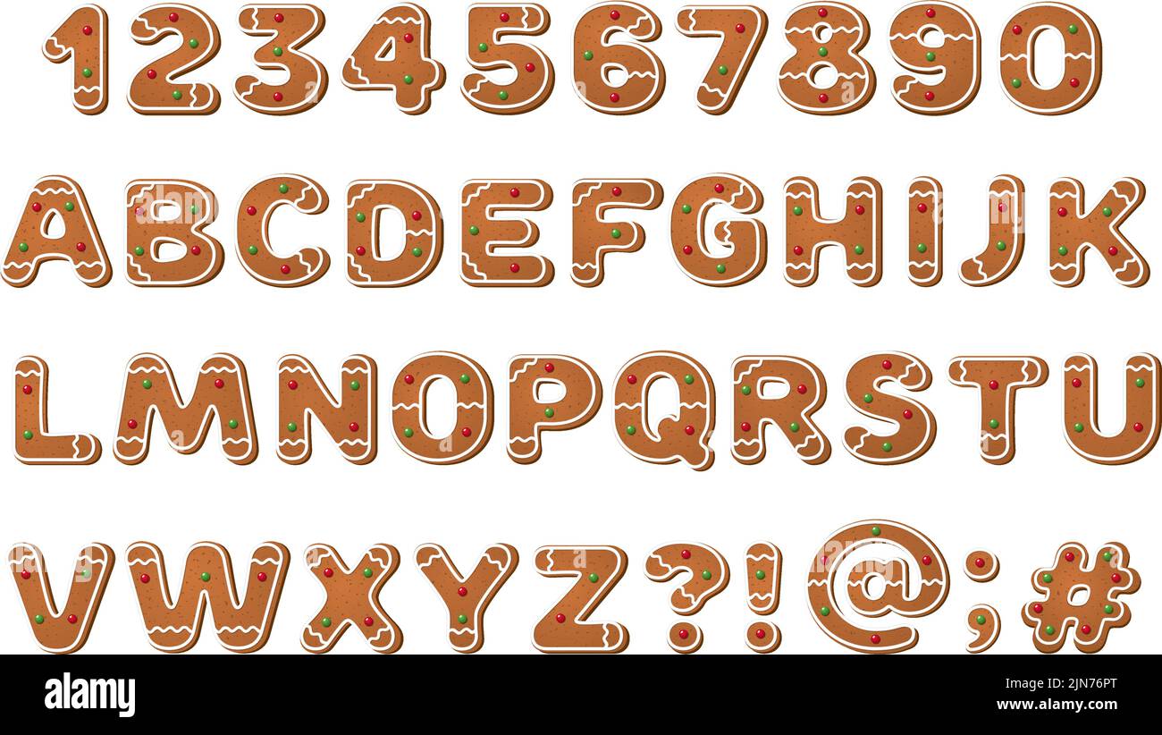 Eine Vektordarstellung eines Alphabets und Zahlen aus Frosted Lebkuchengebäck zu Weihnachten. Stock Vektor