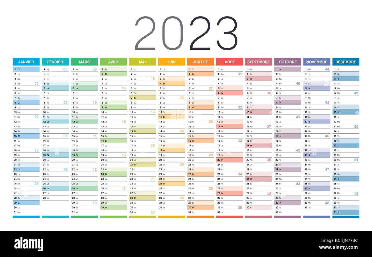 Jahr 2023 farbenfroher Wandkalender in französischer Sprache, mit Wochenzahlen, auf weißem Hintergrund. Vektorvorlage. Stock Vektor