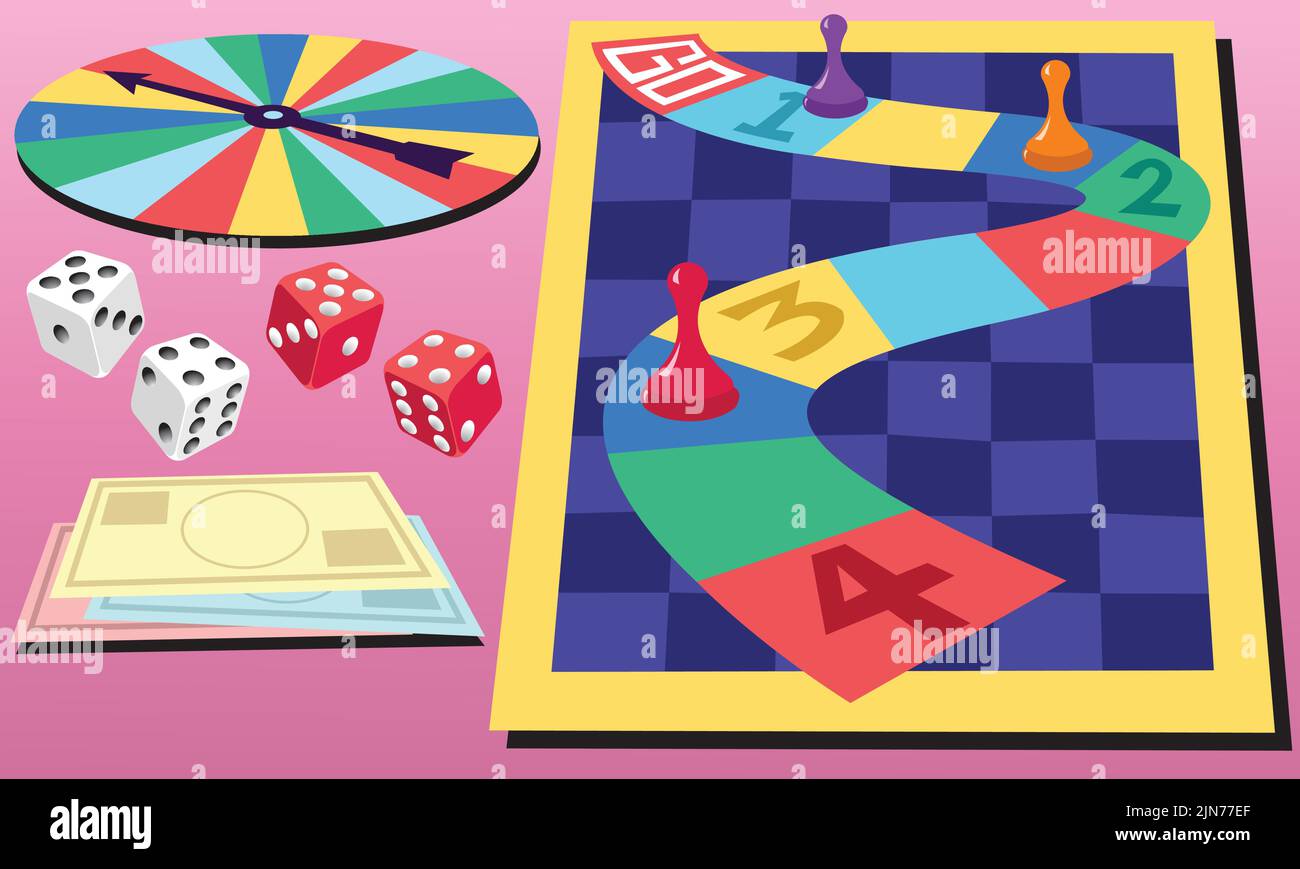 Eine Vektor-bunte Illustration eines Brettspiels, Spinner, Würfel und Spielgeld. Stock Vektor