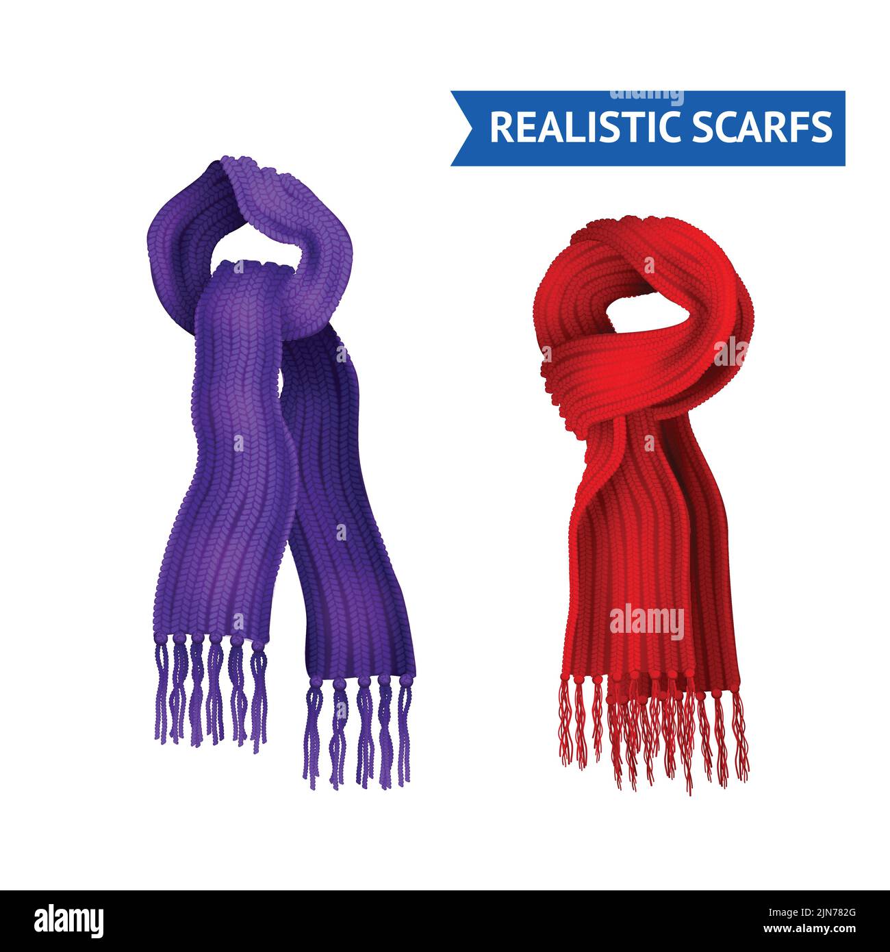 Realistische 3d-Bild Set aus 2 gestrickten Schal lila und Rote Farbe gebunden isoliert Vektor-Illustration Stock Vektor