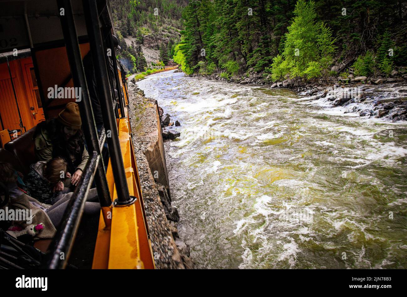 Fahren Sie mit dem schmalen Gage-Zug zwischen Durango und Silverton Colorado direkt neben dem rauschenden Fluss Stockfoto